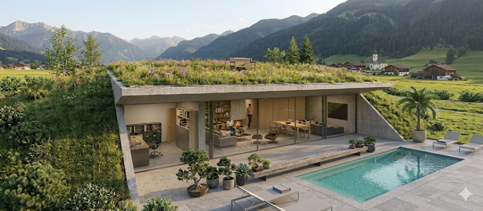 Konzeptstudie Erdhaus Allgäu — Bergwind Referenzprojekt